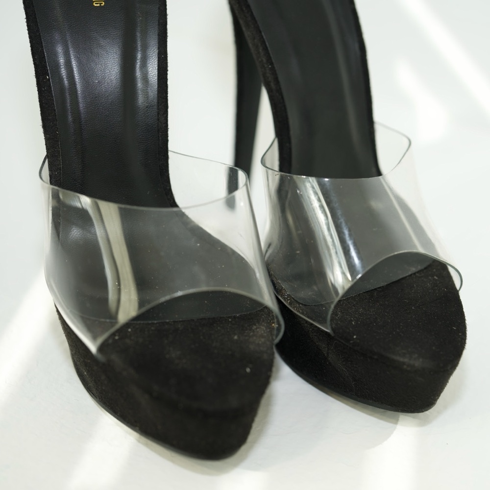 Pretty Little Thing BLACK HIGH PLATFORM CLEAR MULE SANDALS Suede PVC Size UK 6 - Picture 12 of 16
